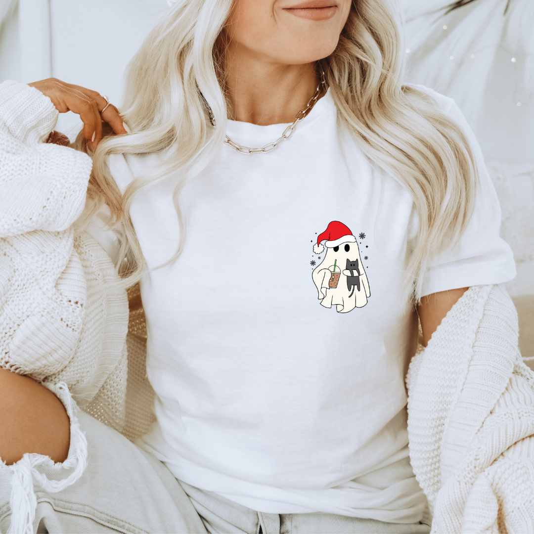 Xmas Ghostie w/ Cat - Tshirt (pocket design)